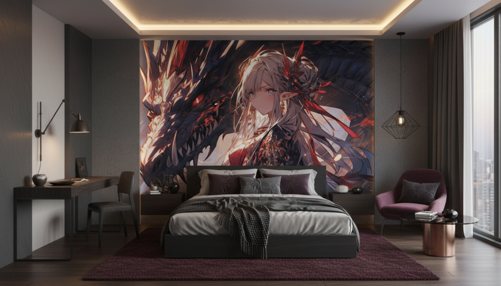 Papier Peint Anime Dragon Girl Fantasy Rouge Noir - Chambre ado