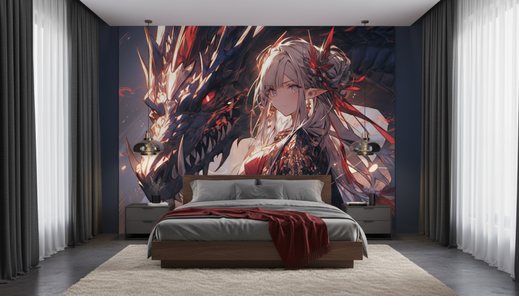 Papier Peint Anime Dragon Girl Fantasy Rouge Noir - Chambre adulte