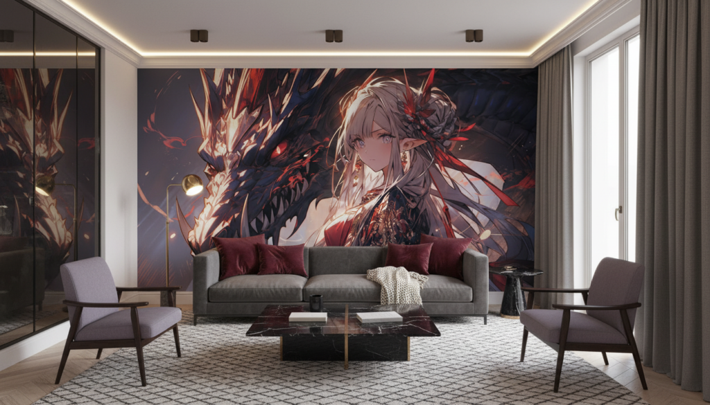 Papier Peint Anime Dragon Girl Fantasy Rouge Noir - Salon / Séjour