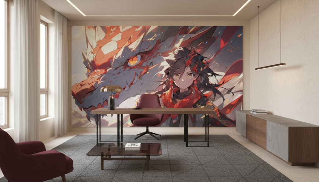 Papier Peint Anime Dragon Guerrière Fantasy Flammes Rouges - Bureau