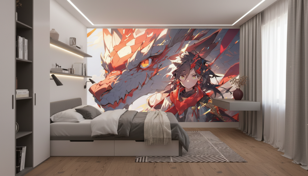 Papier Peint Anime Dragon Guerrière Fantasy Flammes Rouges - Chambre ado