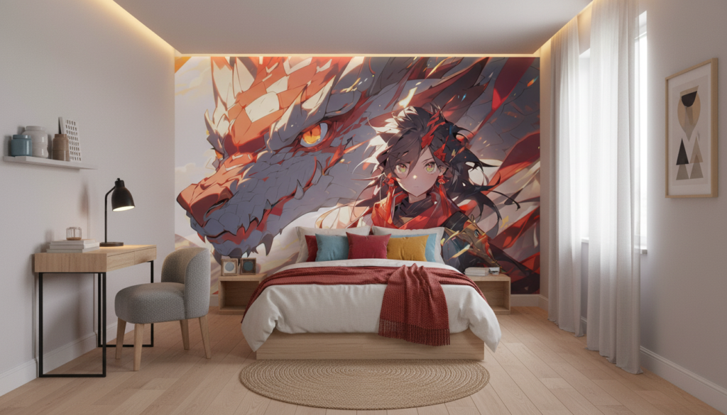 Papier Peint Anime Dragon Guerrière Fantasy Flammes Rouges - Chambre enfant