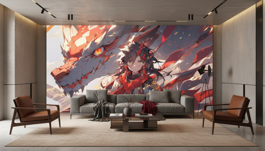 Papier Peint Anime Dragon Guerrière Fantasy Flammes Rouges - Salon / Séjour