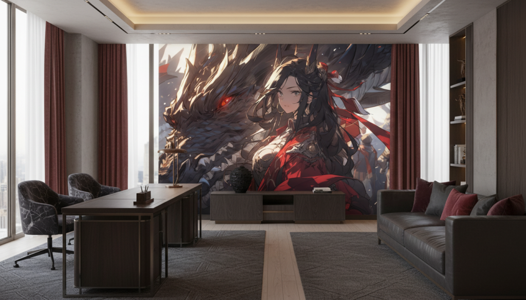 Papier Peint Anime Dragon Mystique Guerrière Fantasy Rouge Noir - Bureau