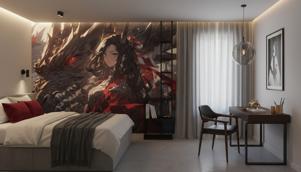 Papier Peint Anime Dragon Mystique Guerrière Fantasy Rouge Noir - Chambre ado