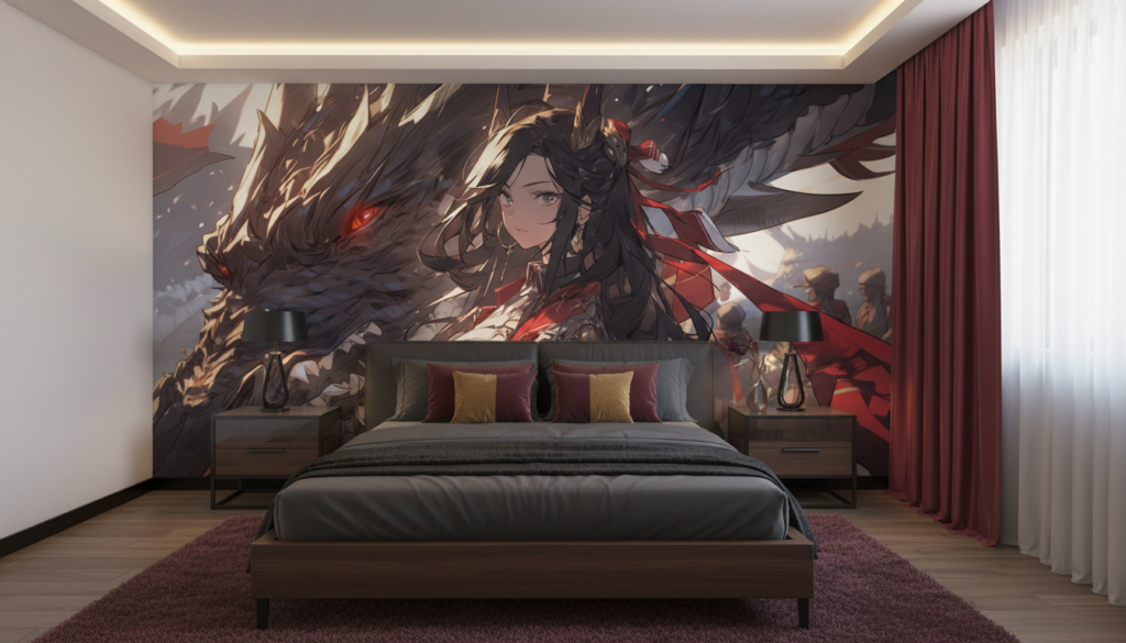 Papier Peint Anime Dragon Mystique Guerrière Fantasy Rouge Noir - Chambre adulte