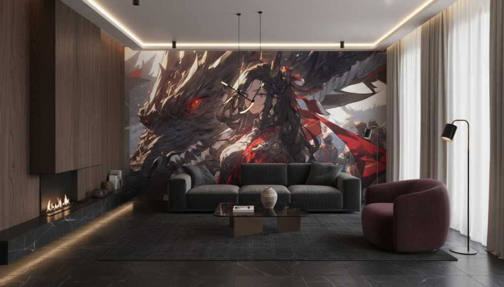 Papier Peint Anime Dragon Mystique Guerrière Fantasy Rouge Noir - Salon / Séjour