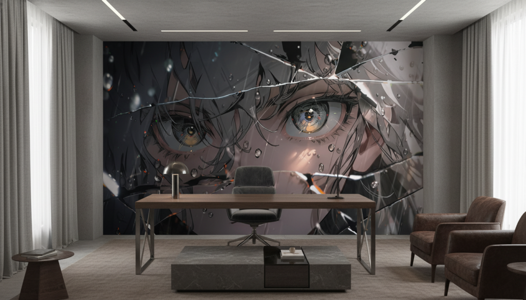Papier Peint Anime Dramatique Personnage aux Yeux Dorés Brisé - Bureau