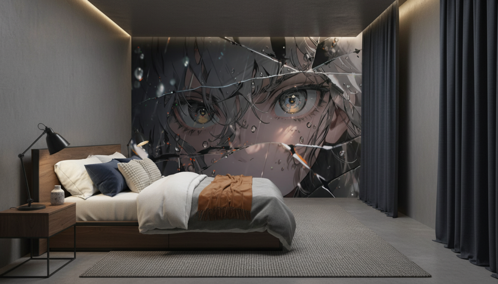 Papier Peint Anime Dramatique Personnage aux Yeux Dorés Brisé - Chambre ado