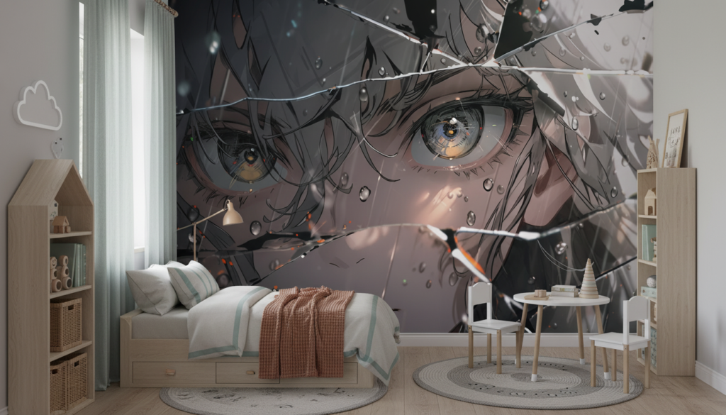 Papier Peint Anime Dramatique Personnage aux Yeux Dorés Brisé - Chambre enfant