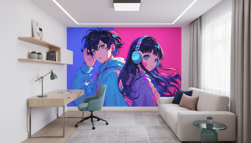 Papier Peint Anime Duo Musical Néon Rose Bleu - Bureau