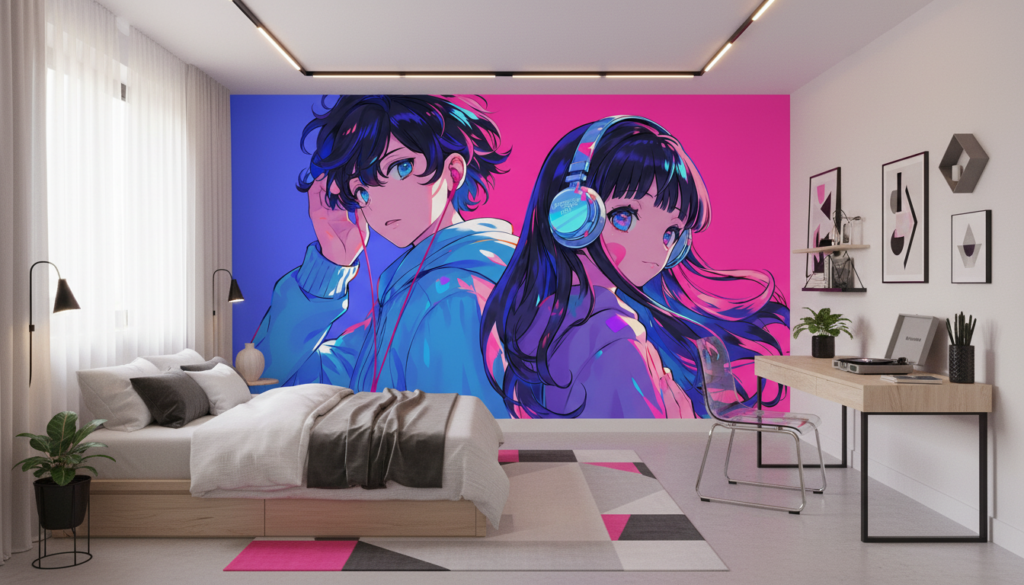 Papier Peint Anime Duo Musical Néon Rose Bleu - Chambre ado