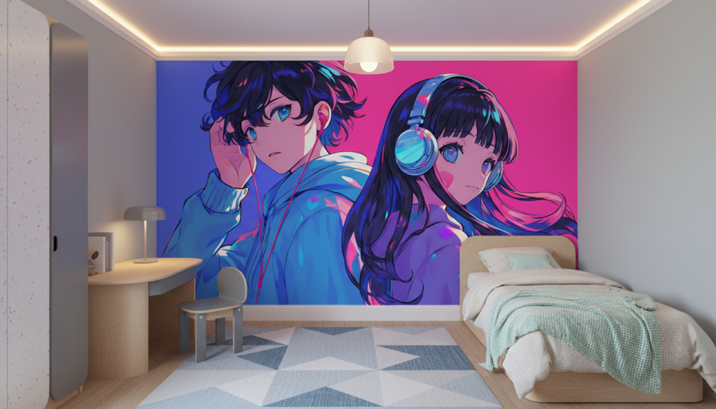 Papier Peint Anime Duo Musical Néon Rose Bleu - Chambre enfant