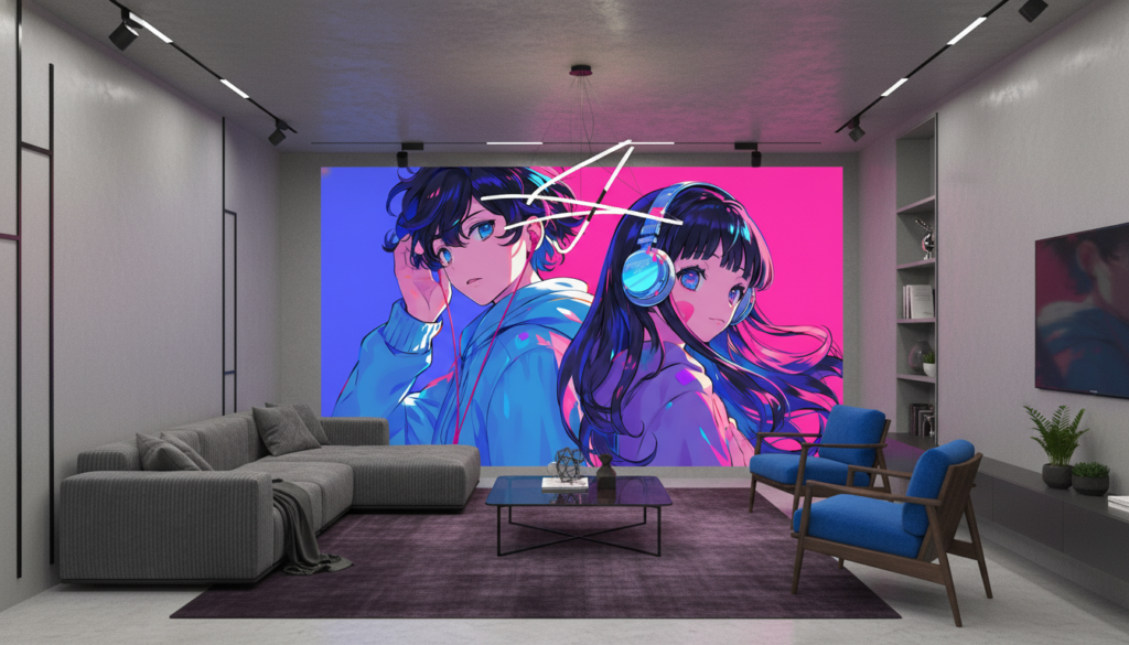 Papier Peint Anime Duo Musical Néon Rose Bleu - Salon / Séjour