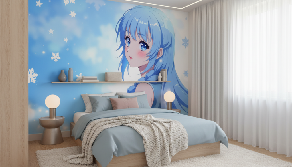 Papier peint anime fille aux cheveux bleus flocons neige - Chambre ado