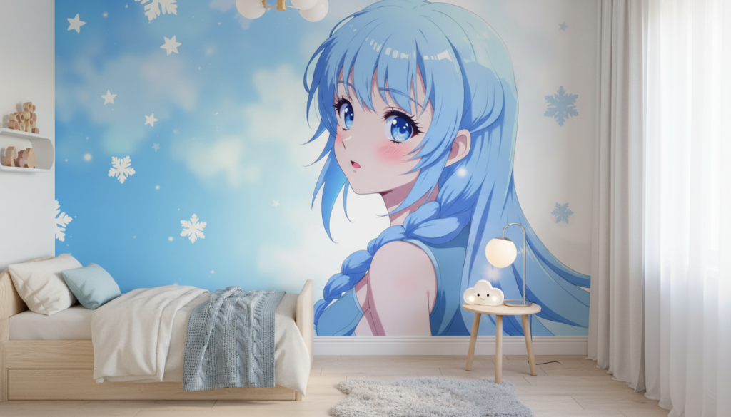 Papier peint anime fille aux cheveux bleus flocons neige - Chambre enfant