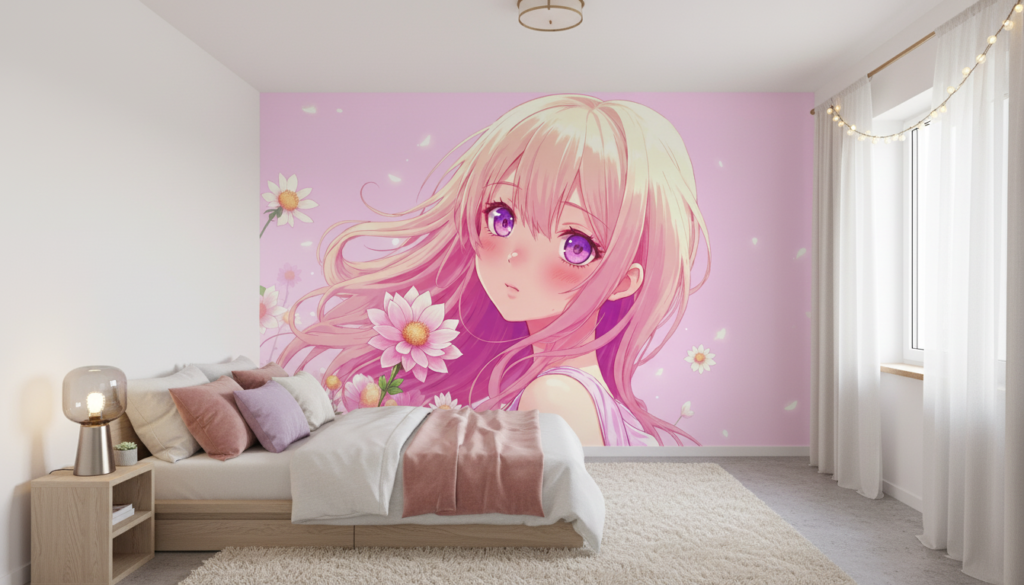 Papier peint anime fille blonde aux yeux violets avec fleurs roses - Chambre ado
