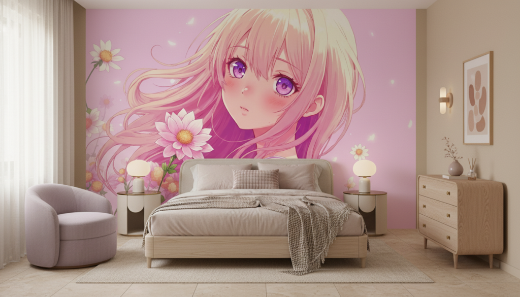 Papier peint anime fille blonde aux yeux violets avec fleurs roses - Chambre adulte