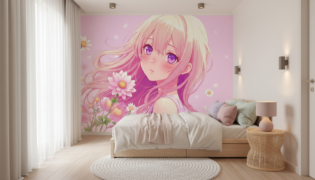 Papier peint anime fille blonde aux yeux violets avec fleurs roses - Chambre enfant