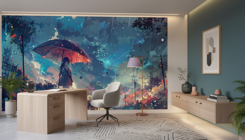 Papier peint anime fille parapluie pluie urbain fantastique coloré - Bureau