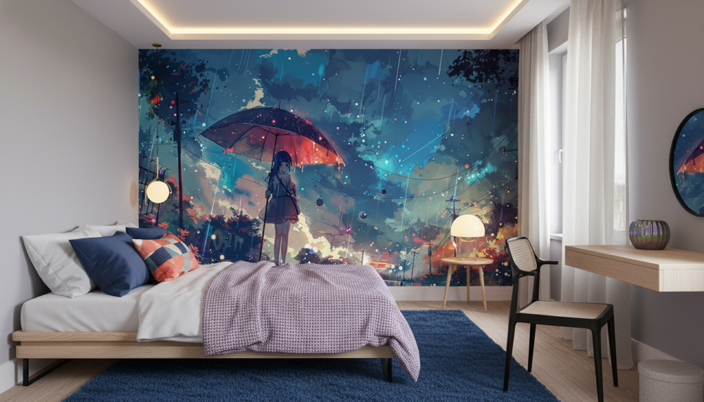 Papier peint anime fille parapluie pluie urbain fantastique coloré - Chambre ado