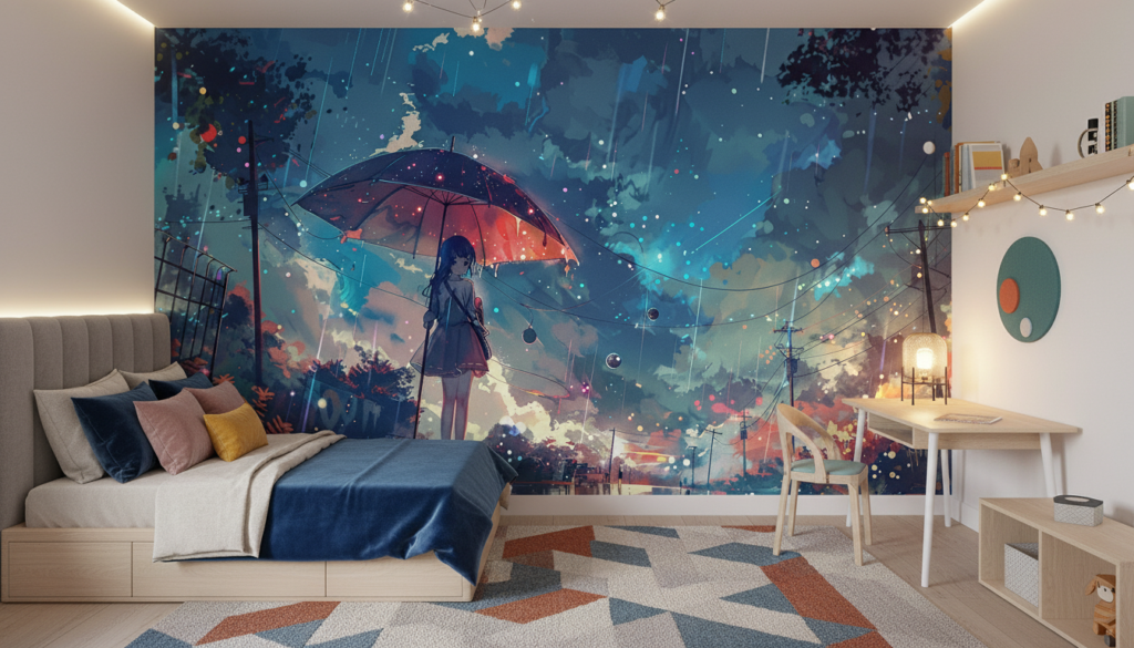 Papier peint anime fille parapluie pluie urbain fantastique coloré - Chambre enfant