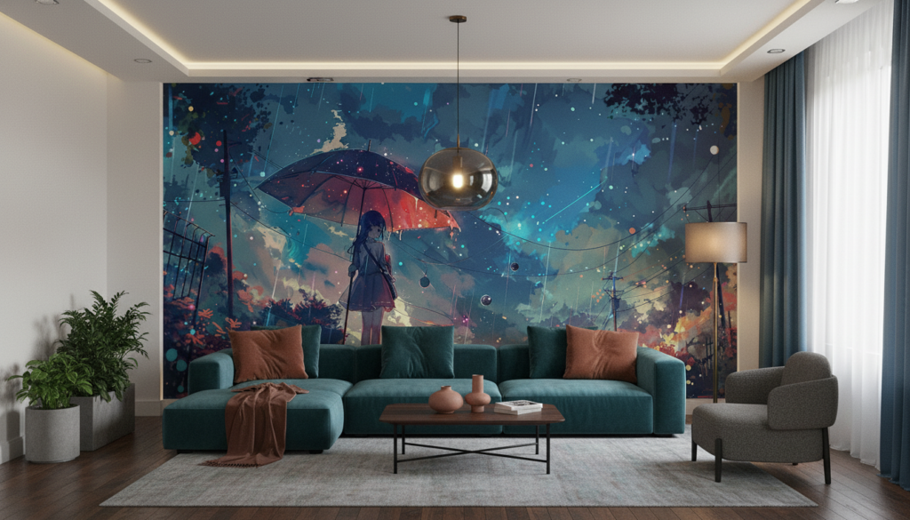 Papier peint anime fille parapluie pluie urbain fantastique coloré - Salon / Séjour