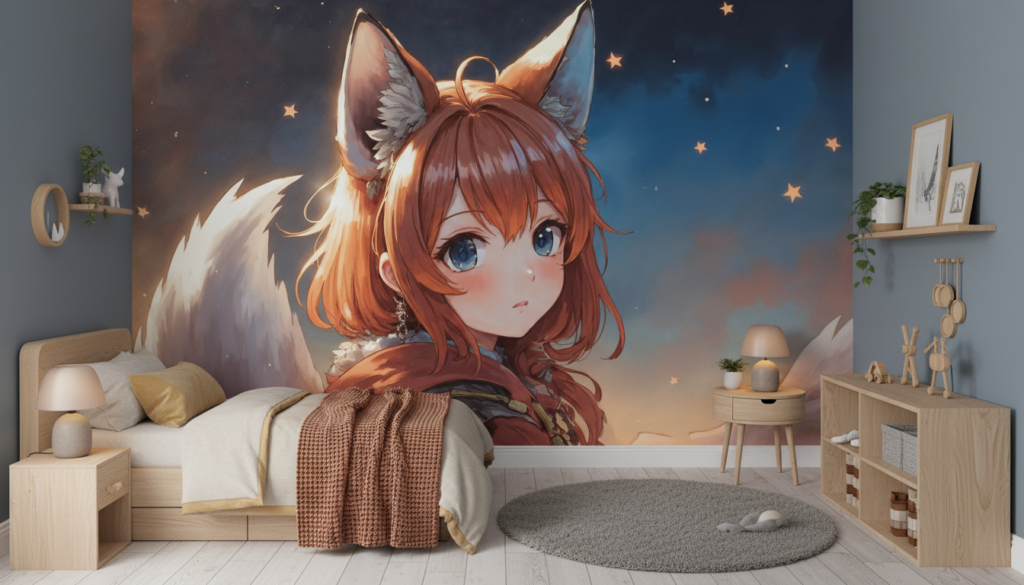 Papier peint anime fille renard étoilé fantastique crépuscule magique - Chambre enfant