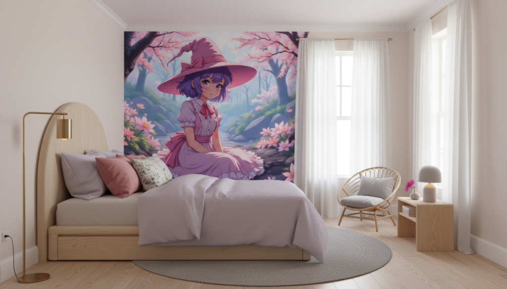 Papier peint anime fillette sorcière dans forêt fleurie rose et violet - Chambre ado