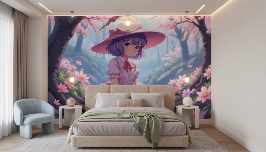 Papier peint anime fillette sorcière dans forêt fleurie rose et violet - Chambre adulte