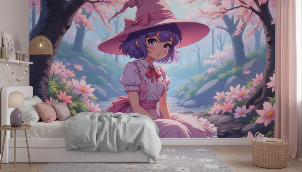 Papier peint anime fillette sorcière dans forêt fleurie rose et violet - Chambre enfant