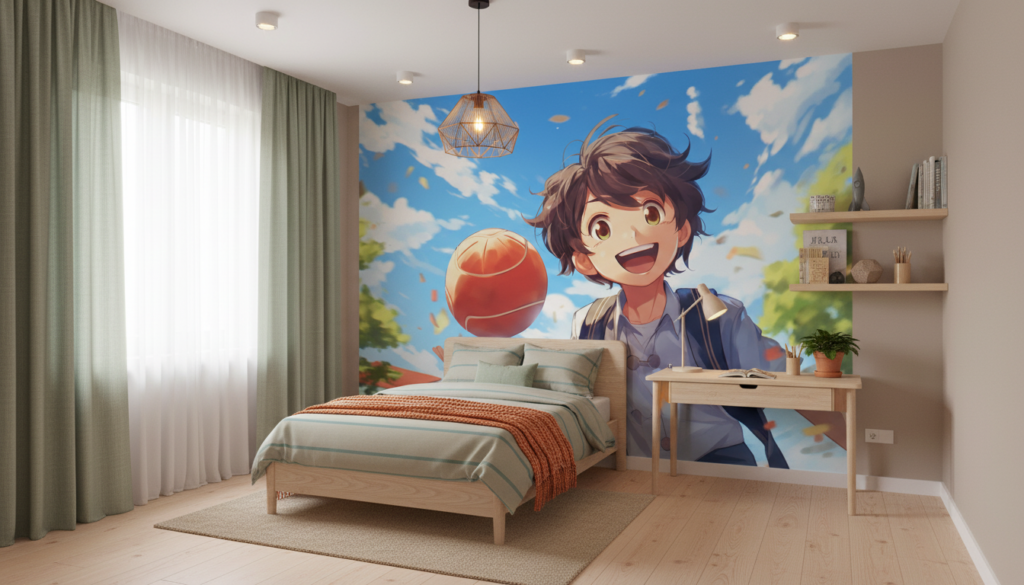 Papier Peint Anime Garçon Basketball Ciel Bleu Nuageux - Chambre enfant