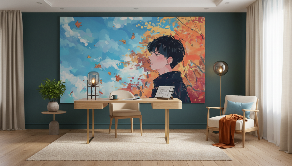 Papier Peint Anime Garçon Contemplant Ciel Automnal avec Feuilles Volantes - Bureau