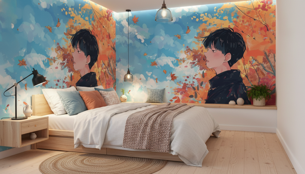 Papier Peint Anime Garçon Contemplant Ciel Automnal avec Feuilles Volantes - Chambre ado