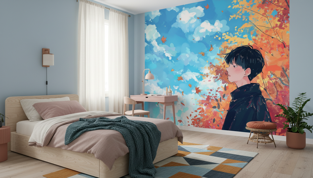 Papier Peint Anime Garçon Contemplant Ciel Automnal avec Feuilles Volantes - Chambre enfant