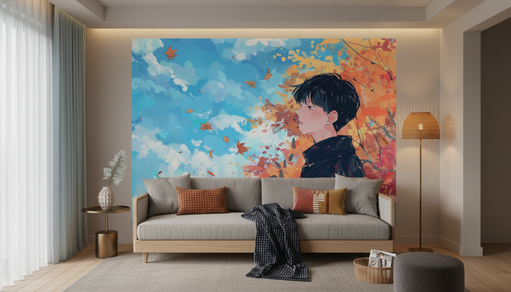 Papier Peint Anime Garçon Contemplant Ciel Automnal avec Feuilles Volantes - Salon / Séjour