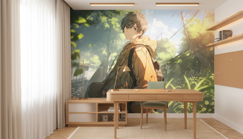 Papier Peint Anime Garçon Nature Lumière Dorée Atmosphère Poétique - Bureau