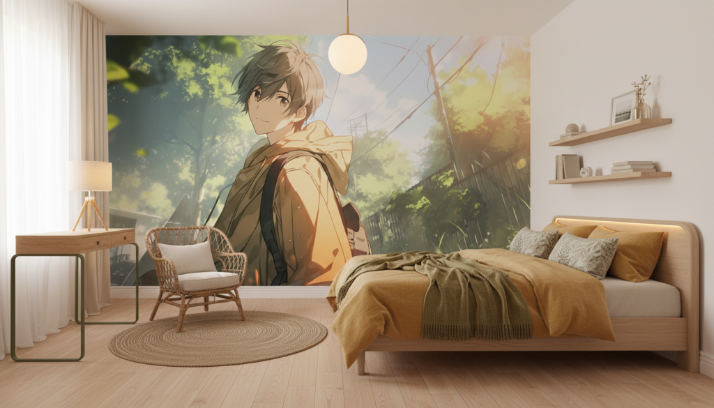 Papier Peint Anime Garçon Nature Lumière Dorée Atmosphère Poétique - Chambre ado