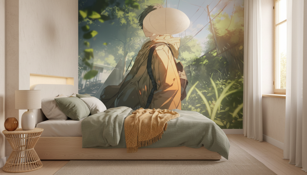 Papier Peint Anime Garçon Nature Lumière Dorée Atmosphère Poétique - Chambre adulte