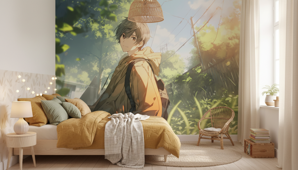 Papier Peint Anime Garçon Nature Lumière Dorée Atmosphère Poétique - Chambre enfant