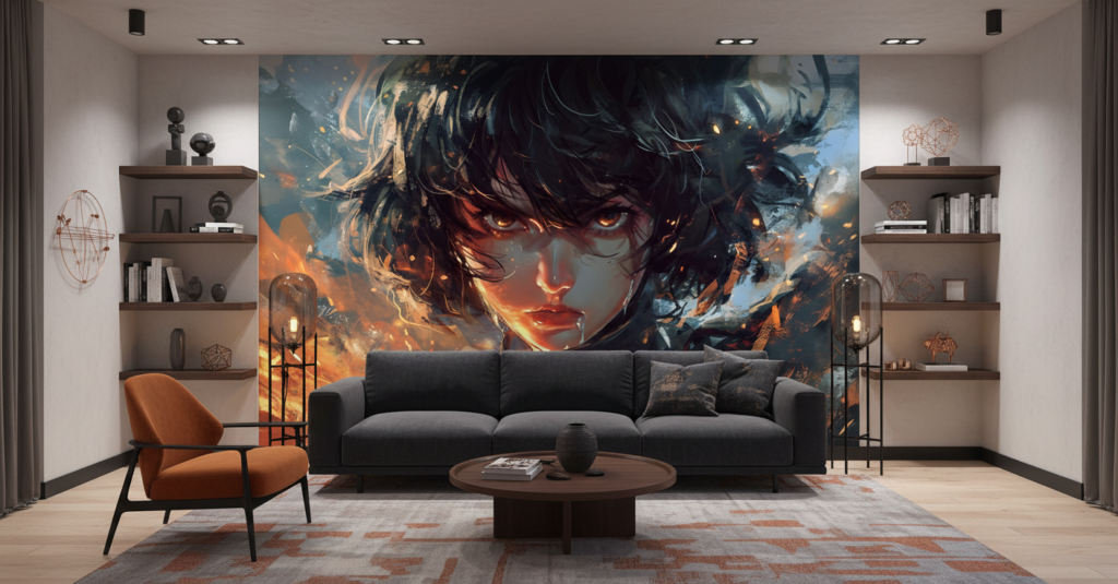 Papier Peint Anime Guerrière Aux Yeux Flamboyants Effet Dramatique - Salon / Séjour