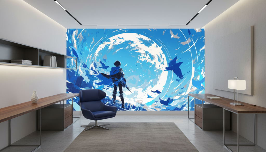 Papier peint anime guerrier épée oiseaux tourbillon bleu mystique - Bureau