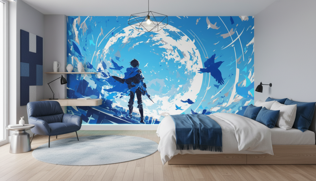 Papier peint anime guerrier épée oiseaux tourbillon bleu mystique - Chambre ado