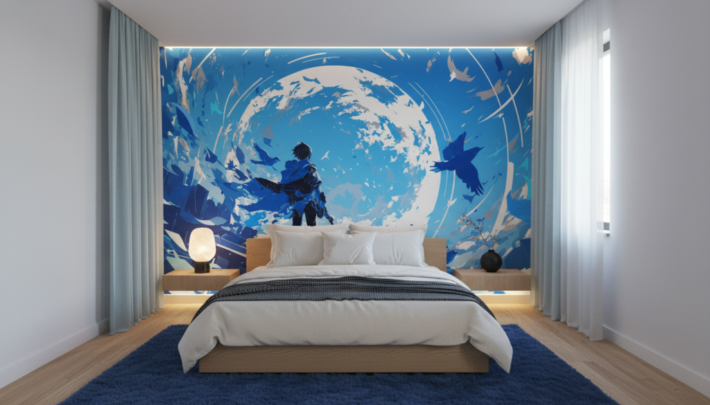 Papier peint anime guerrier épée oiseaux tourbillon bleu mystique - Chambre adulte