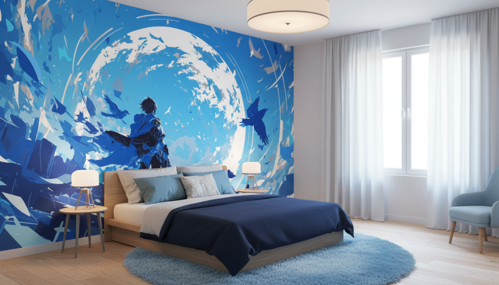 Papier peint anime guerrier épée oiseaux tourbillon bleu mystique - Chambre enfant