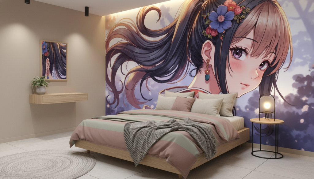 Papier peint anime jeune femme kimono fleurs cerisier style japonais - Chambre ado