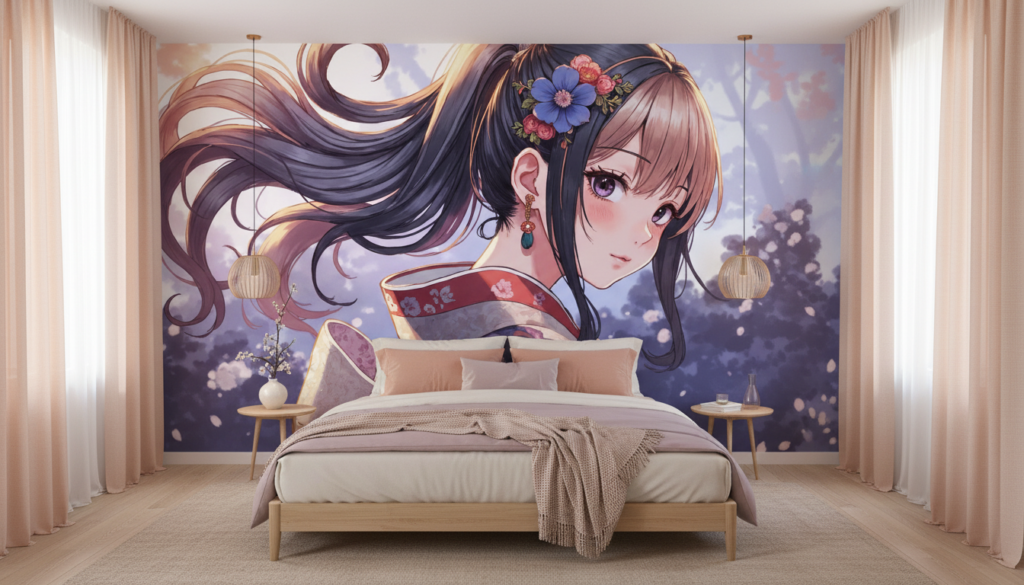 Papier peint anime jeune femme kimono fleurs cerisier style japonais - Chambre adulte