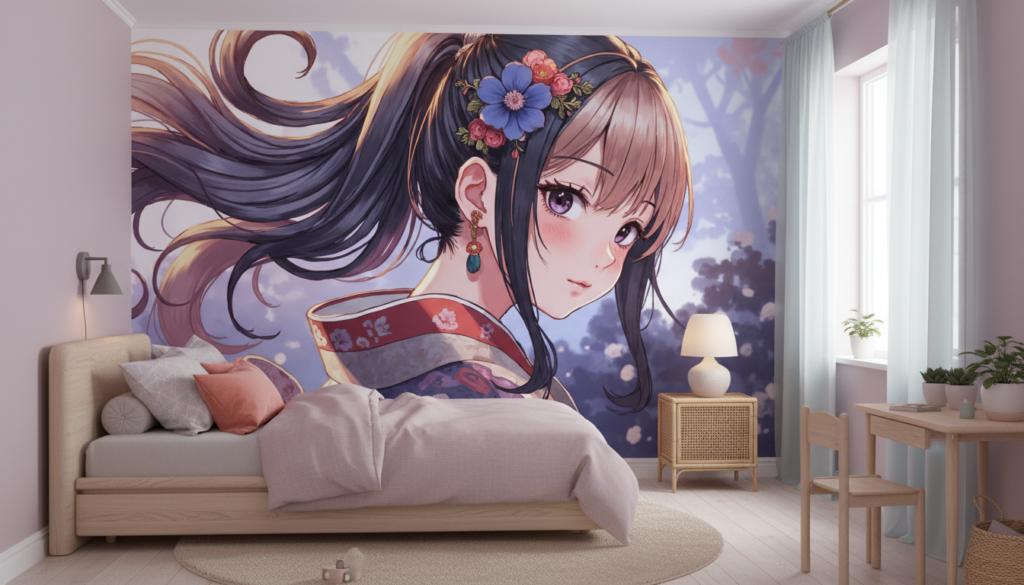 Papier peint anime jeune femme kimono fleurs cerisier style japonais - Chambre enfant