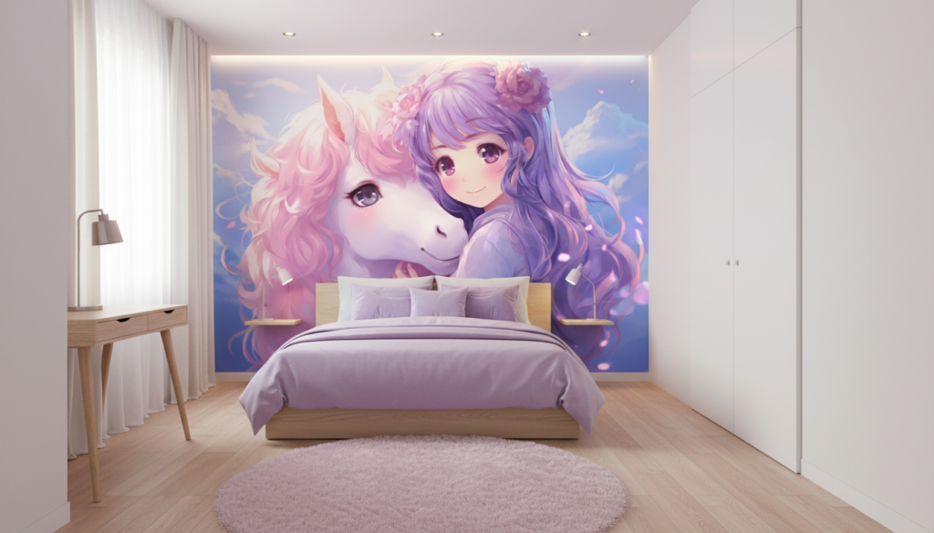 Papier Peint Anime Licorne Rose et Fille aux Cheveux Violets - Chambre ado