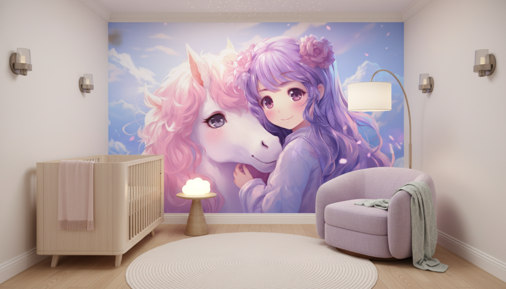 Papier Peint Anime Licorne Rose et Fille aux Cheveux Violets - Chambre bébé